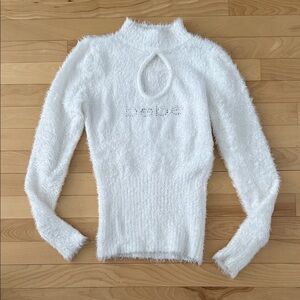 Bebe White Fuzzy Keyhole Sweater Top